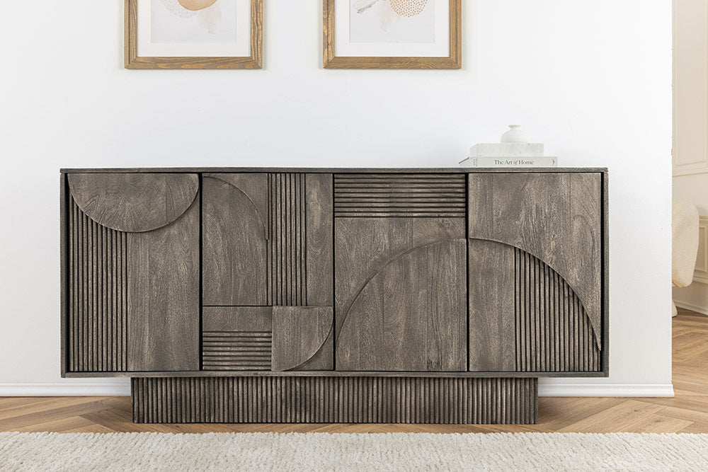 ART DECO Design Sideboard 170cm grau smoked Mangoholz massiv 3D-Front