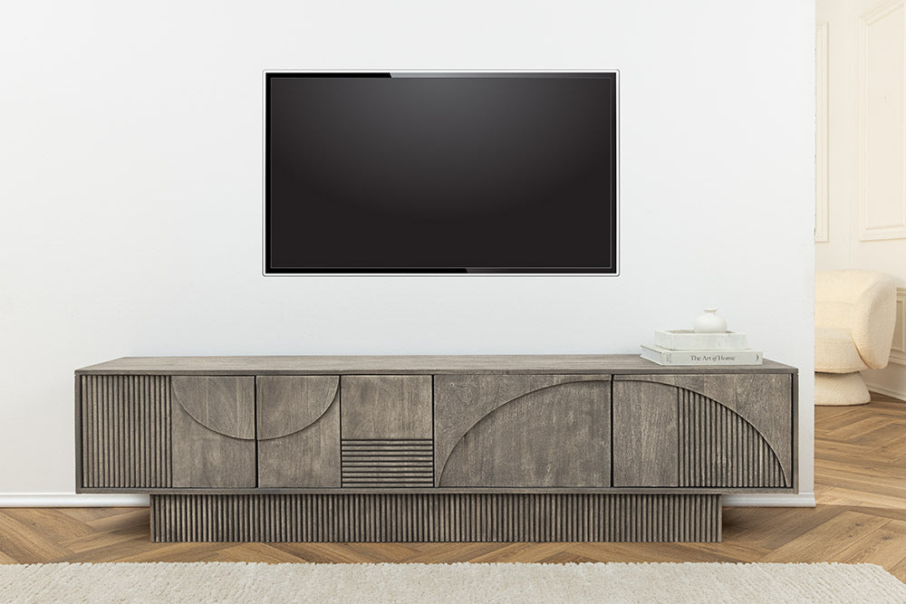 ART DECO Massivholz TV-Lowboard 200cm grau smoked Mangoholz 3D-Front