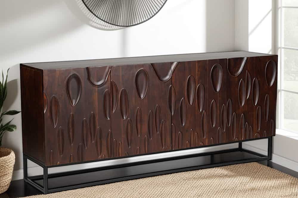 DUNE Massives Sideboard 175cm walnuss-braun Akazienholz 3D-Design schwarz Metall