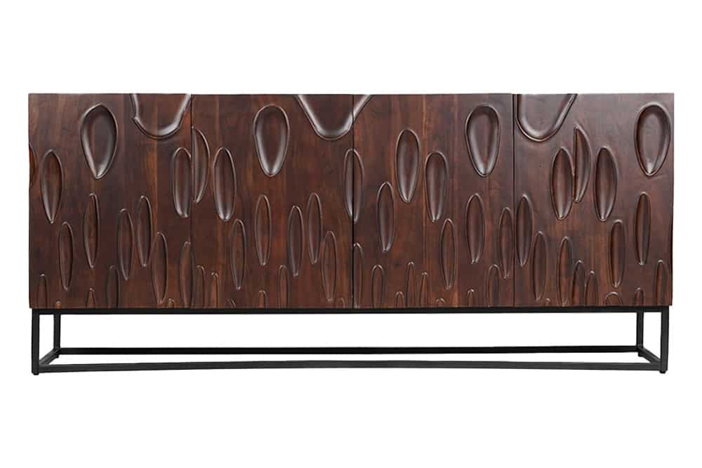 DUNE Massives Sideboard 175cm walnuss-braun Akazienholz 3D-Design schwarz Metall