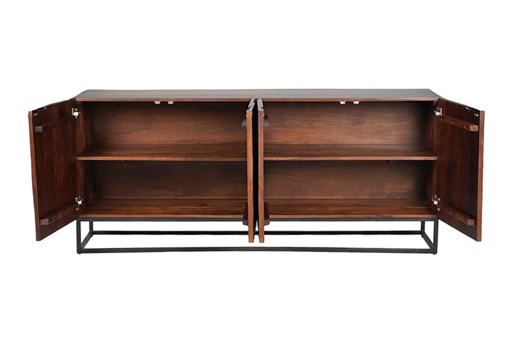 DUNE Massives Sideboard 175cm walnuss-braun Akazienholz 3D-Design schwarz Metall