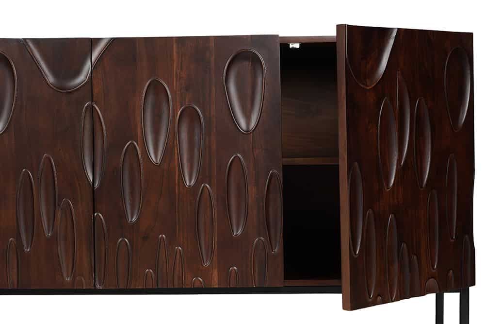 DUNE Massives Sideboard 175cm walnuss-braun Akazienholz 3D-Design schwarz Metall