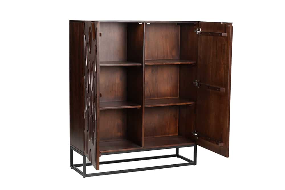 DUNE Massives Highboard 120cm walnuss-braun Akazienholz 3D-Design schwarz Metall