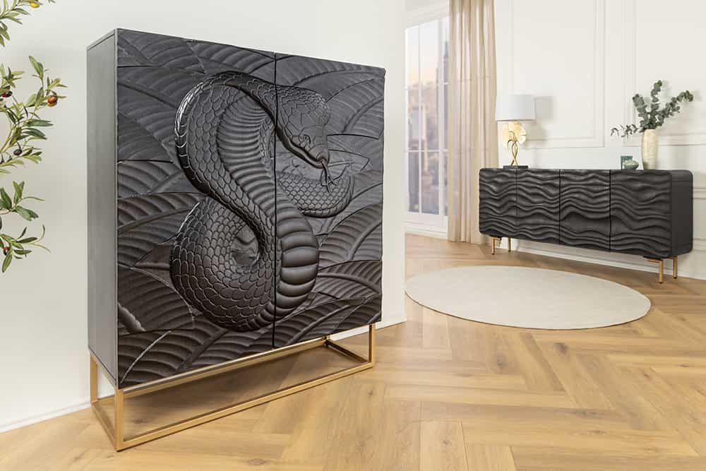 Massives Highboard SNAKE 120cm Mangoholz Schlangen-Design