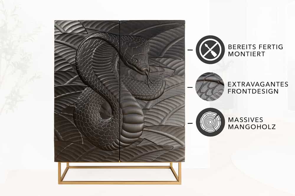 Massives Highboard SNAKE 120cm Mangoholz Schlangen-Design