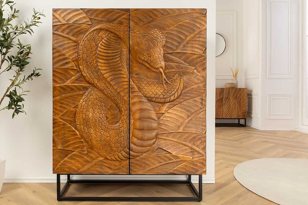 Massives Highboard SNAKE 120cm Mangoholz Schlangen-Design