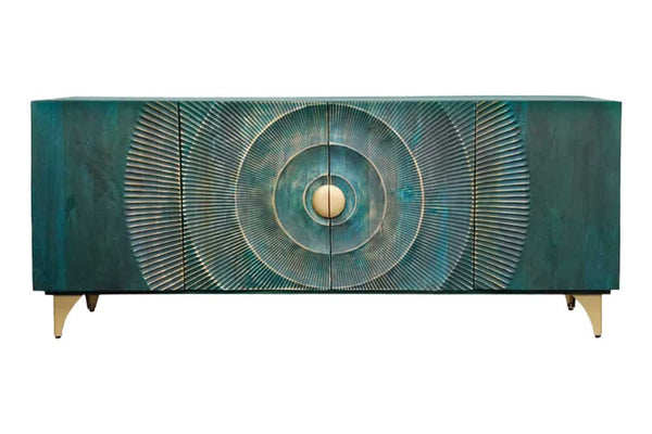 Handgearbeitetes Sideboard GOLDEN SUNSET 180cm türkis gold Mangoholz Metallbeine