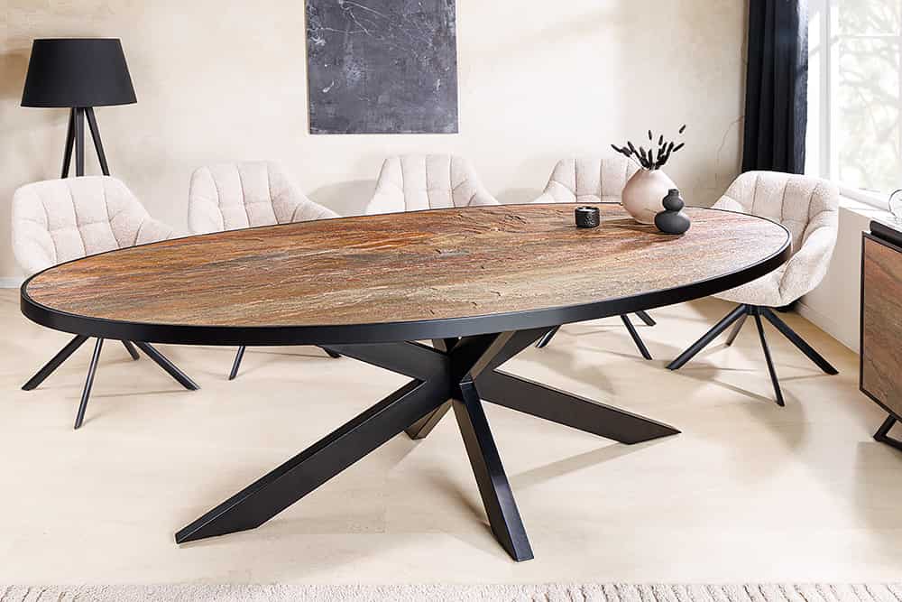 MOUNTAIN SOUL Massiver Esstisch 240cm rötlich grün schwarz oval Naturstein Eisen