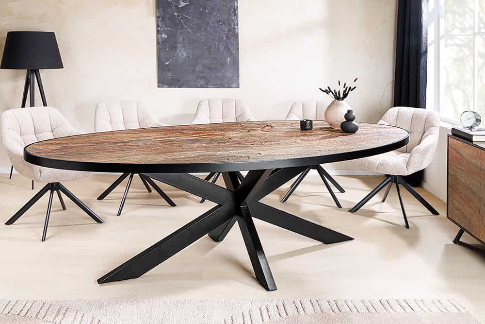 MOUNTAIN SOUL Massiver Esstisch 240cm rötlich grün schwarz oval Naturstein Eisen