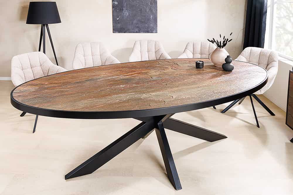 MOUNTAIN SOUL Massiver Esstisch 240cm rötlich grün schwarz oval Naturstein Eisen