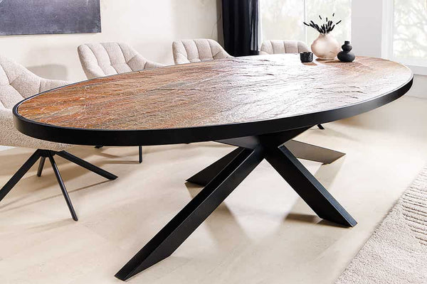 MOUNTAIN SOUL Massiver Esstisch 240cm rötlich grün schwarz oval Naturstein Eisen