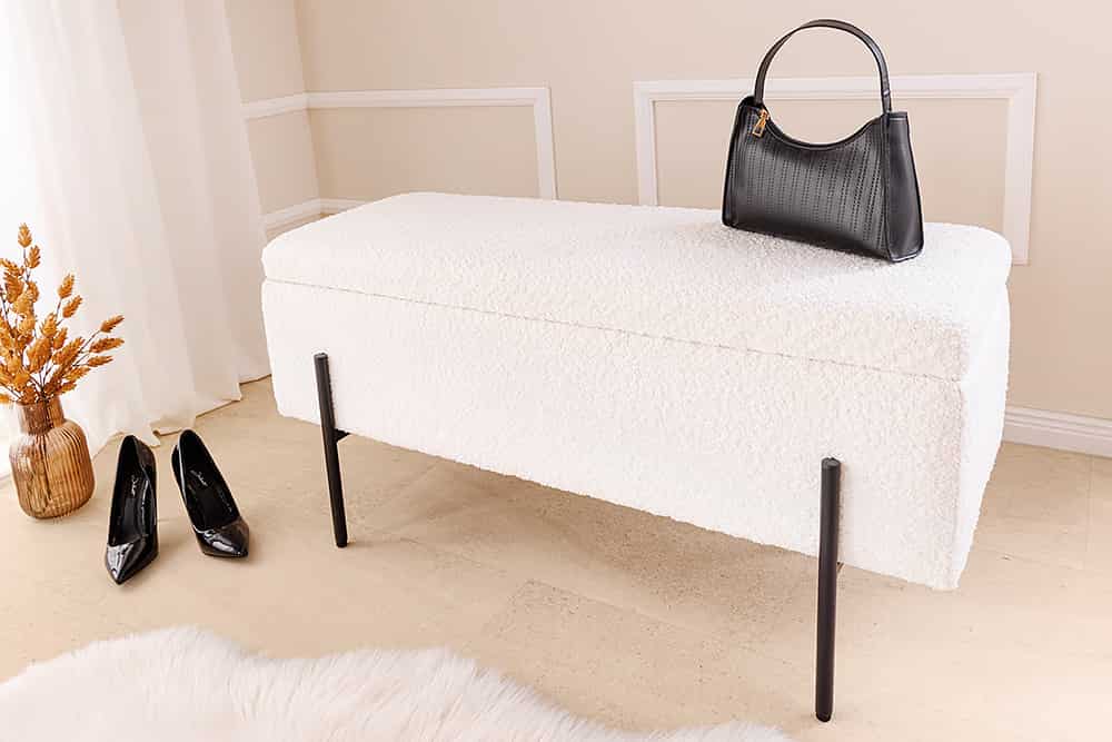 LOFT Moderne Truhenbank 100cm weiß Bouclé Sitzbank mit Stauraum gepolstert schwarz Metall