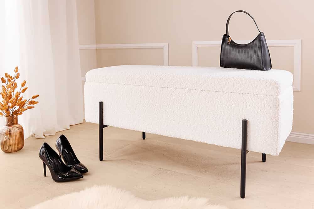 LOFT Moderne Truhenbank 100cm weiß Bouclé Sitzbank mit Stauraum gepolstert schwarz Metall