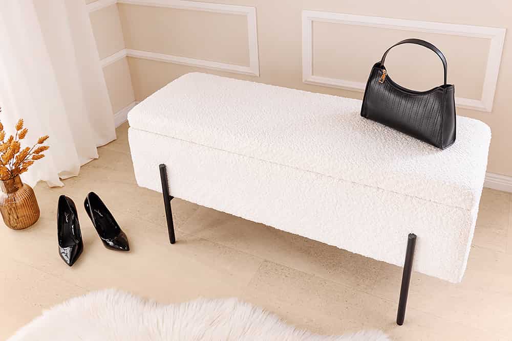 LOFT Moderne Truhenbank 100cm weiß Bouclé Sitzbank mit Stauraum gepolstert schwarz Metall