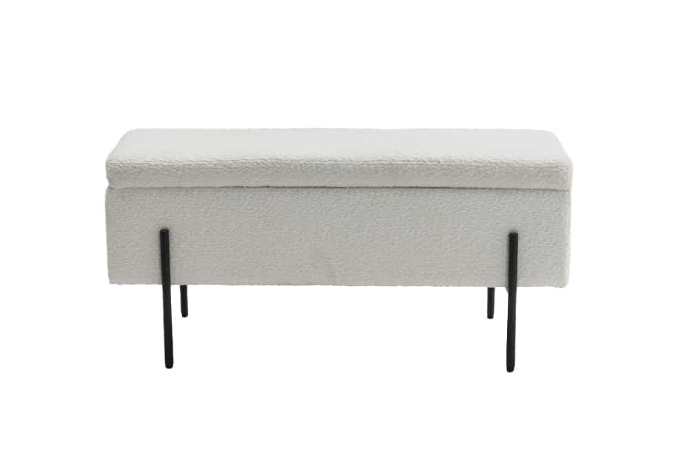 LOFT Moderne Truhenbank 100cm weiß Bouclé Sitzbank mit Stauraum gepolstert schwarz Metall