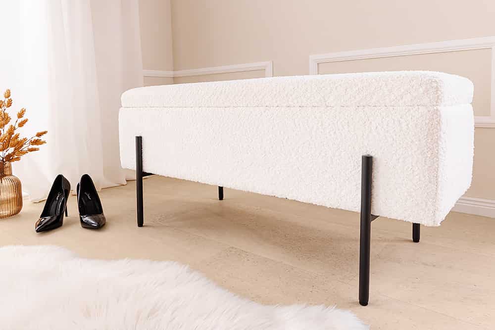 LOFT Moderne Truhenbank 100cm weiß Bouclé Sitzbank mit Stauraum gepolstert schwarz Metall
