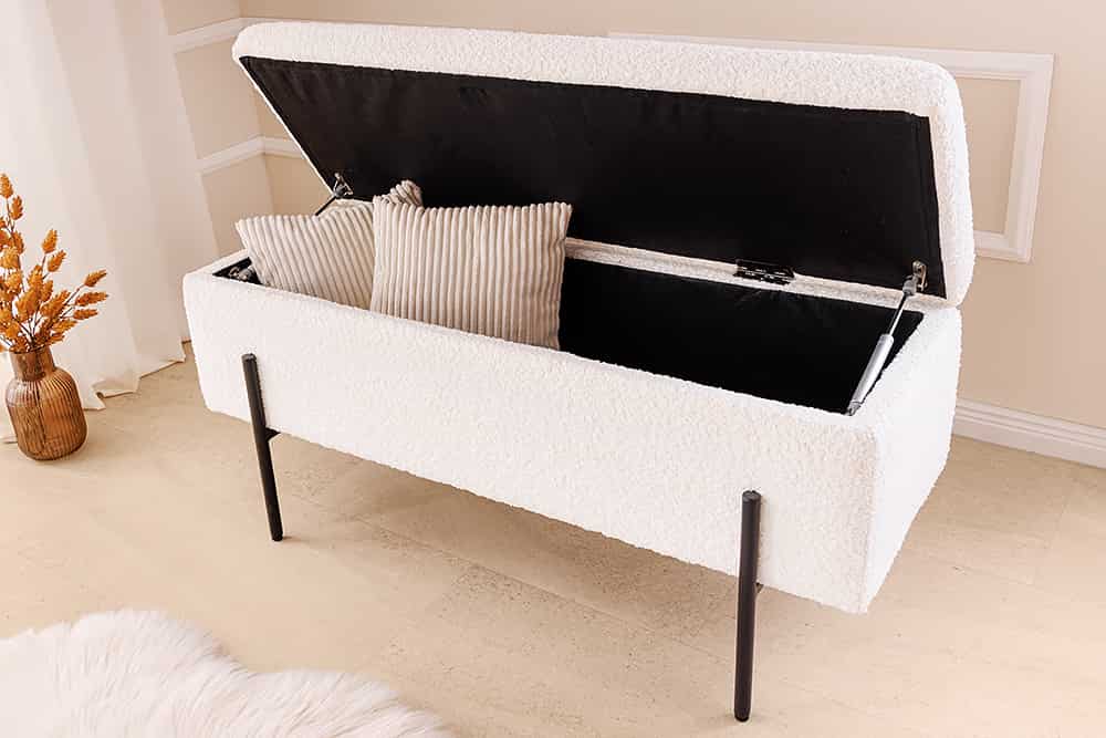 LOFT Moderne Truhenbank 100cm weiß Bouclé Sitzbank mit Stauraum gepolstert schwarz Metall
