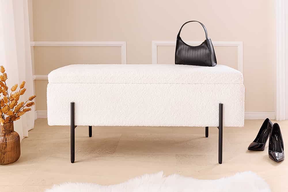 LOFT Moderne Truhenbank 100cm weiß Bouclé Sitzbank mit Stauraum gepolstert schwarz Metall