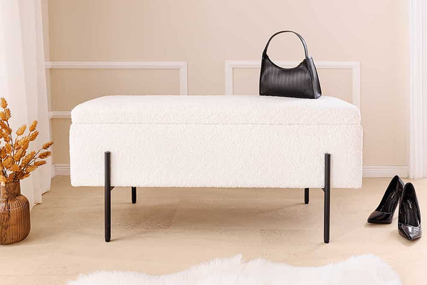 LOFT Moderne Truhenbank 100cm weiß Bouclé Sitzbank mit Stauraum gepolstert schwarz Metall