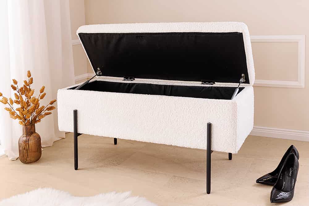 LOFT Moderne Truhenbank 100cm weiß Bouclé Sitzbank mit Stauraum gepolstert schwarz Metall