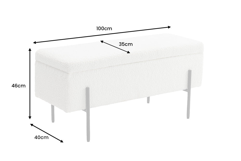 LOFT Moderne Truhenbank 100cm weiß Bouclé Sitzbank mit Stauraum gepolstert schwarz Metall
