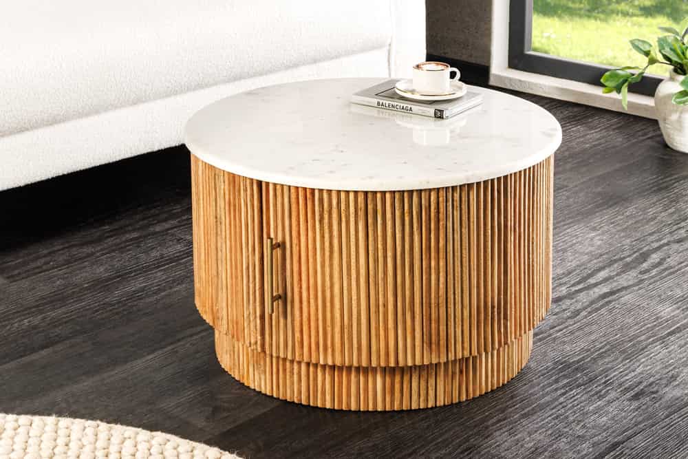 TRES CHIC Runder Couchtisch 60cm weiß Marmor braun Mangoholz mit Stauraum