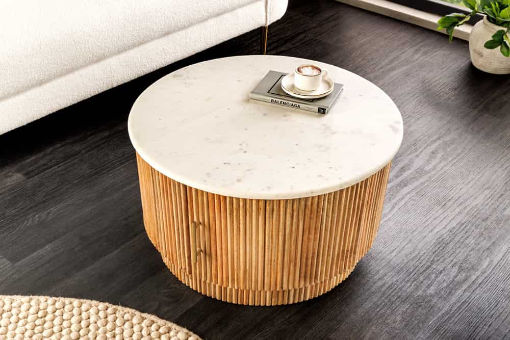 TRES CHIC Runder Couchtisch 60cm weiß Marmor braun Mangoholz mit Stauraum
