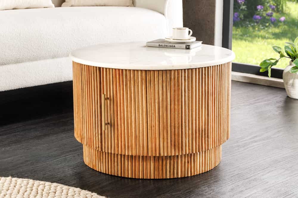 TRES CHIC Runder Couchtisch 60cm weiß Marmor braun Mangoholz mit Stauraum