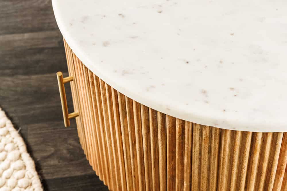 TRES CHIC Runder Couchtisch 60cm weiß Marmor braun Mangoholz mit Stauraum