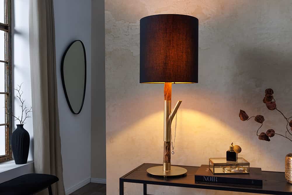 JEWELRY Handgefertigte Tischlampe 75cm schwarz gold natur Eisenholz Massivholz