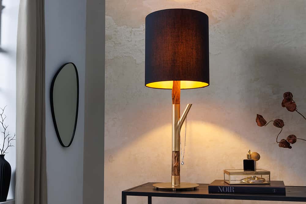 JEWELRY Handgefertigte Tischlampe 75cm schwarz gold natur Eisenholz Massivholz