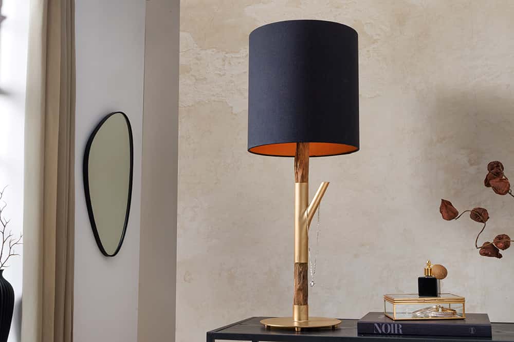 JEWELRY Handgefertigte Tischlampe 75cm schwarz gold natur Eisenholz Massivholz