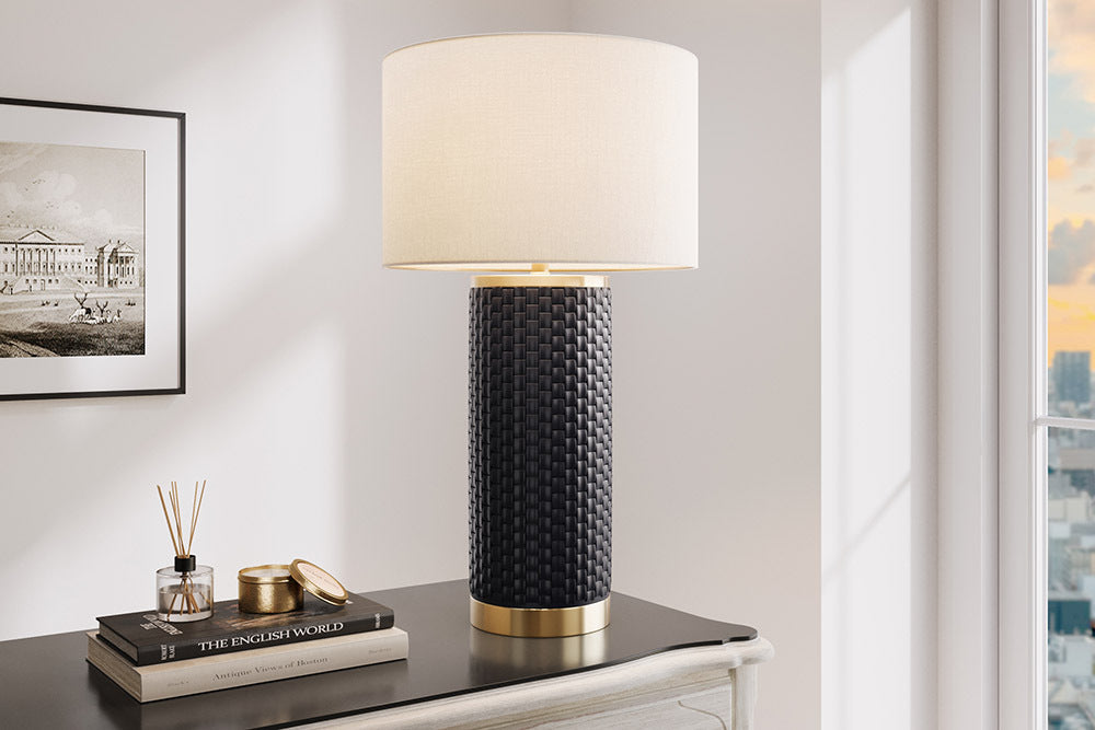 ELEGANCIA Moderne Tischlampe 70cm schwarz gold Keramik rund weißer Stoffschirm