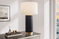 ELEGANCIA Moderne Tischlampe 70cm schwarz gold Keramik rund weißer Stoffschirm