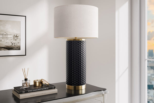 ELEGANCIA Moderne Tischlampe 70cm schwarz gold Keramik rund weißer Stoffschirm