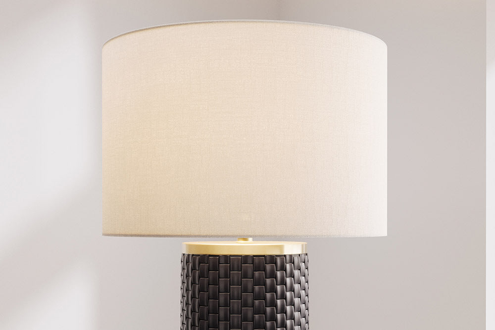 ELEGANCIA Moderne Tischlampe 70cm schwarz gold Keramik rund weißer Stoffschirm