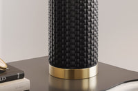 ELEGANCIA Moderne Tischlampe 70cm schwarz gold Keramik rund weißer Stoffschirm