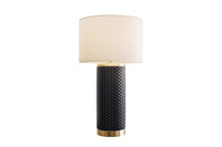ELEGANCIA Moderne Tischlampe 70cm schwarz gold Keramik rund weißer Stoffschirm