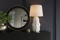 ELEGANCIA Moderne Tischlampe 70cm weiß gold Keramik weißer Leinenschirm