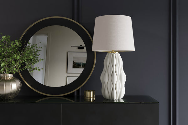 ELEGANCIA Moderne Tischlampe 70cm weiß gold Keramik weißer Leinenschirm