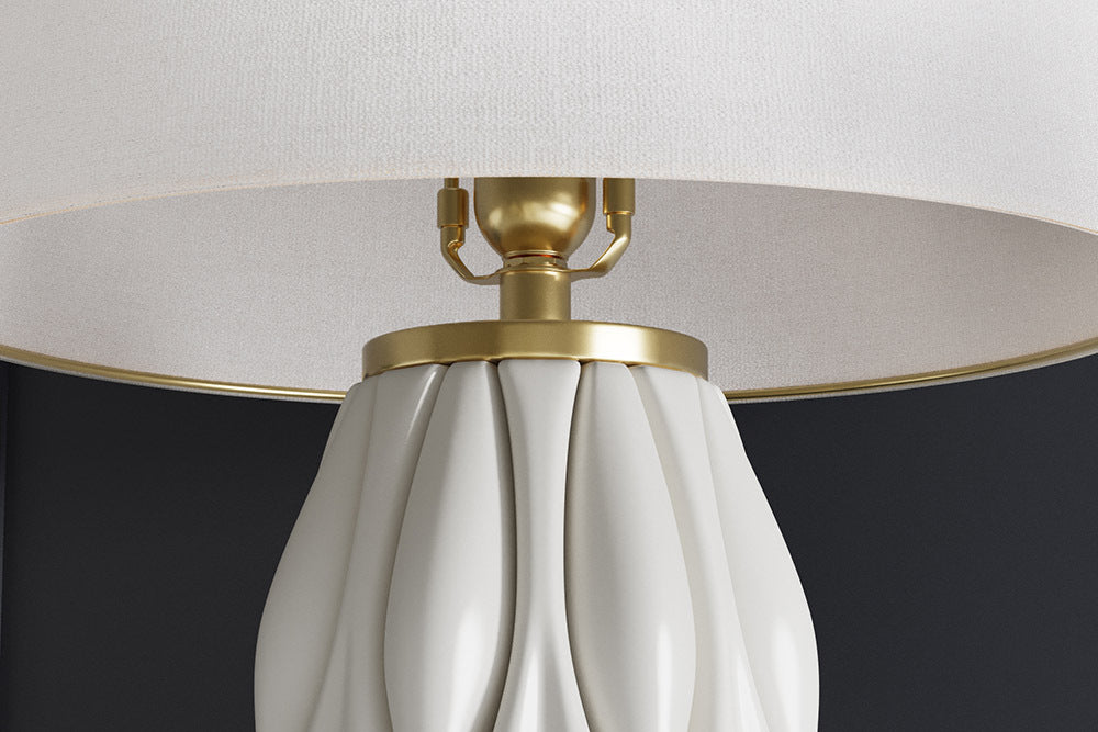 ELEGANCIA Moderne Tischlampe 70cm weiß gold Keramik weißer Leinenschirm