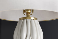 ELEGANCIA Moderne Tischlampe 70cm weiß gold Keramik weißer Leinenschirm