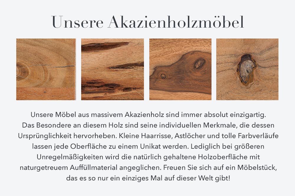 MAMMUT Massivholz Sitzbank 200cm natur Akazie Baumkante mit Lehne schwarzes Metallgestell