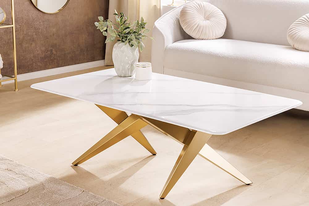 ART LIVING Moderner Couchtisch weiß Marmor Keramik champagner gold brushed