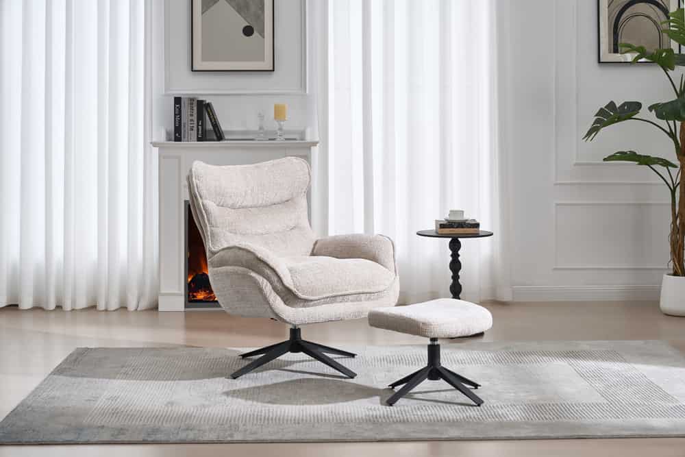 Drehbarer Sessel CLOUD champagner beige Strukturstoff schwarz Metall