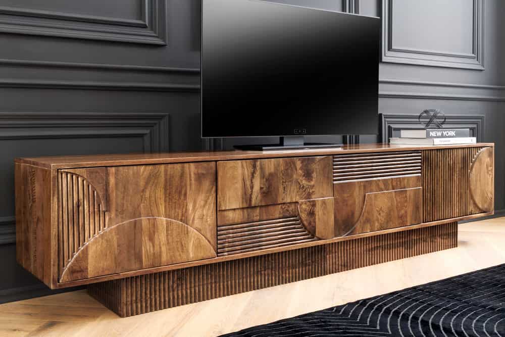 ART DECO Massives TV-Board 200cm braun Mangoholz Lowboard 3D-Front