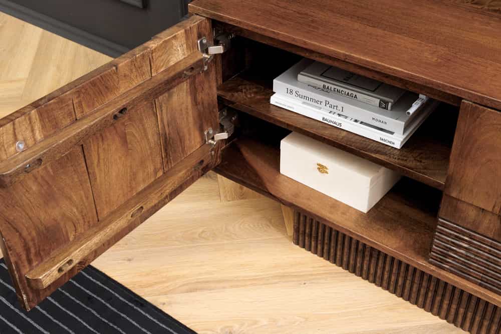 ART DECO Massives TV-Board 200cm braun Mangoholz Lowboard 3D-Front