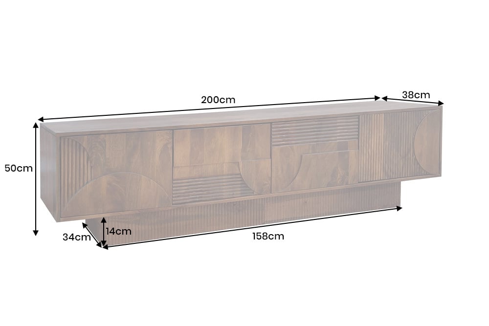 ART DECO Massives TV-Board 200cm braun Mangoholz Lowboard 3D-Front