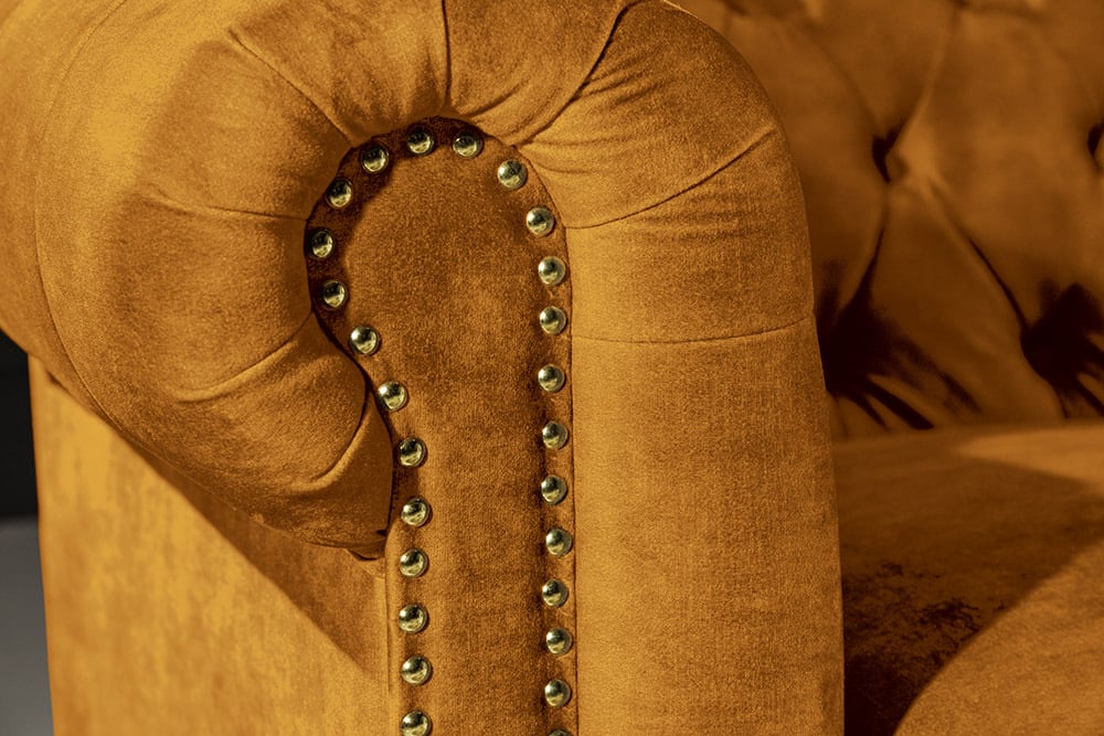 CHESTERFIELD Barock Sofa  205cm senfgelb Samt Federkern Knopfheftung 3-Sitzer Couch