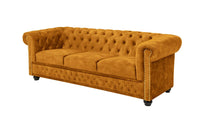 CHESTERFIELD Barock Sofa  205cm senfgelb Samt Federkern Knopfheftung 3-Sitzer Couch